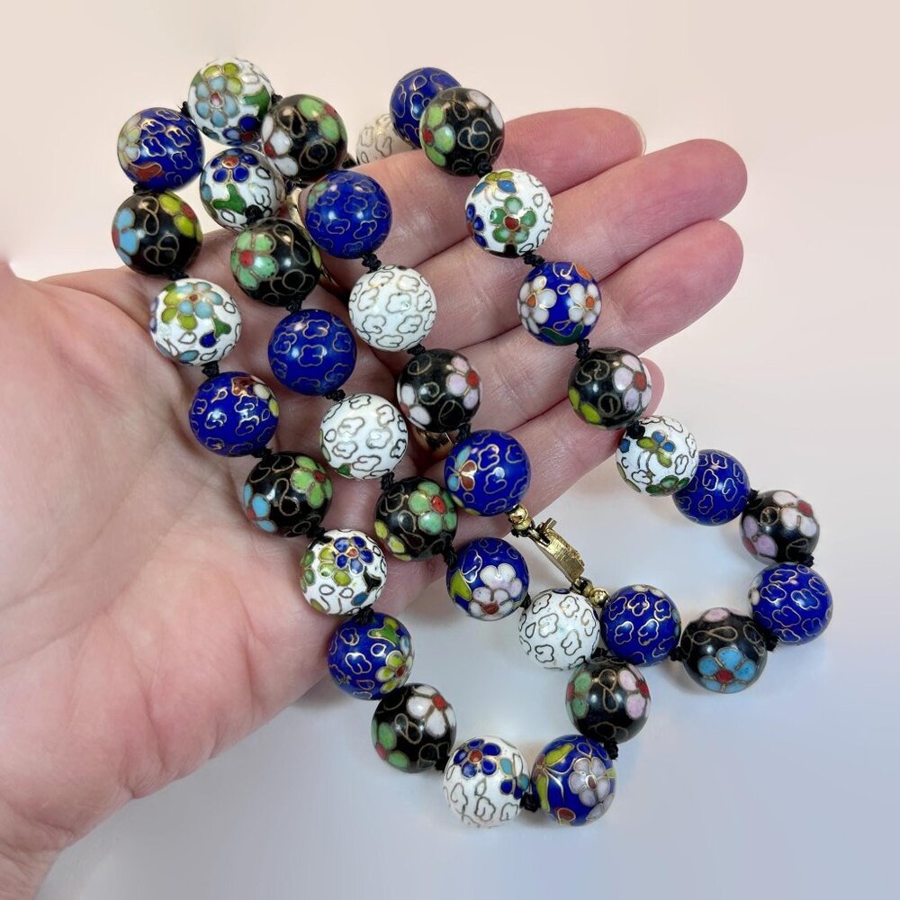 Cloisonne Necklace, Vintage, Chinese Export, Cobalt Blue, Black, White, 24" Long